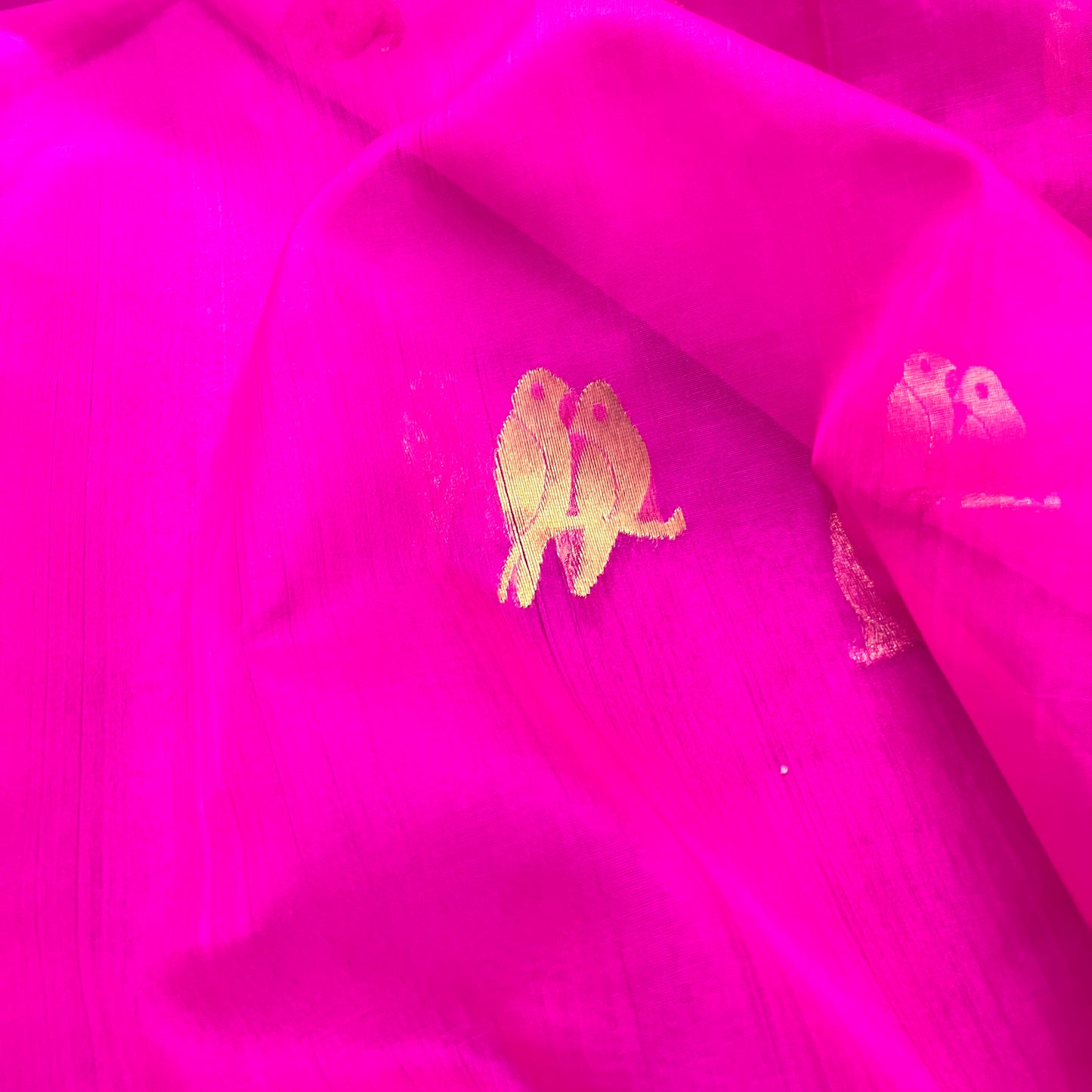 Pink chanderi organza silk saree with bird motifs all over