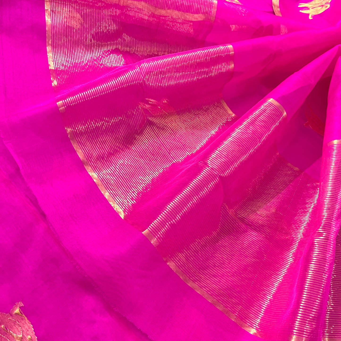 Pink chanderi organza silk saree with bird motifs all over