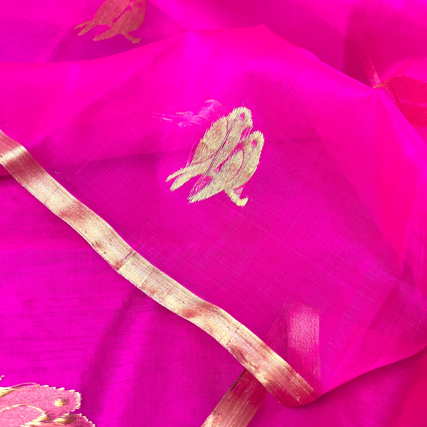 Pink chanderi organza silk saree with bird motifs all over