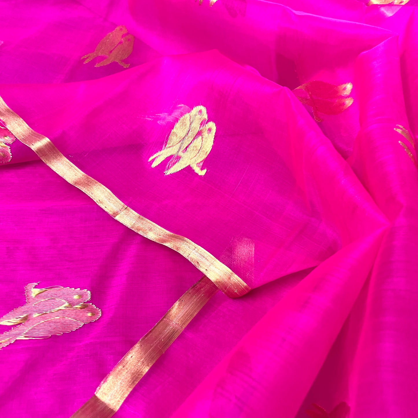 Pink chanderi organza silk saree with bird motifs all over