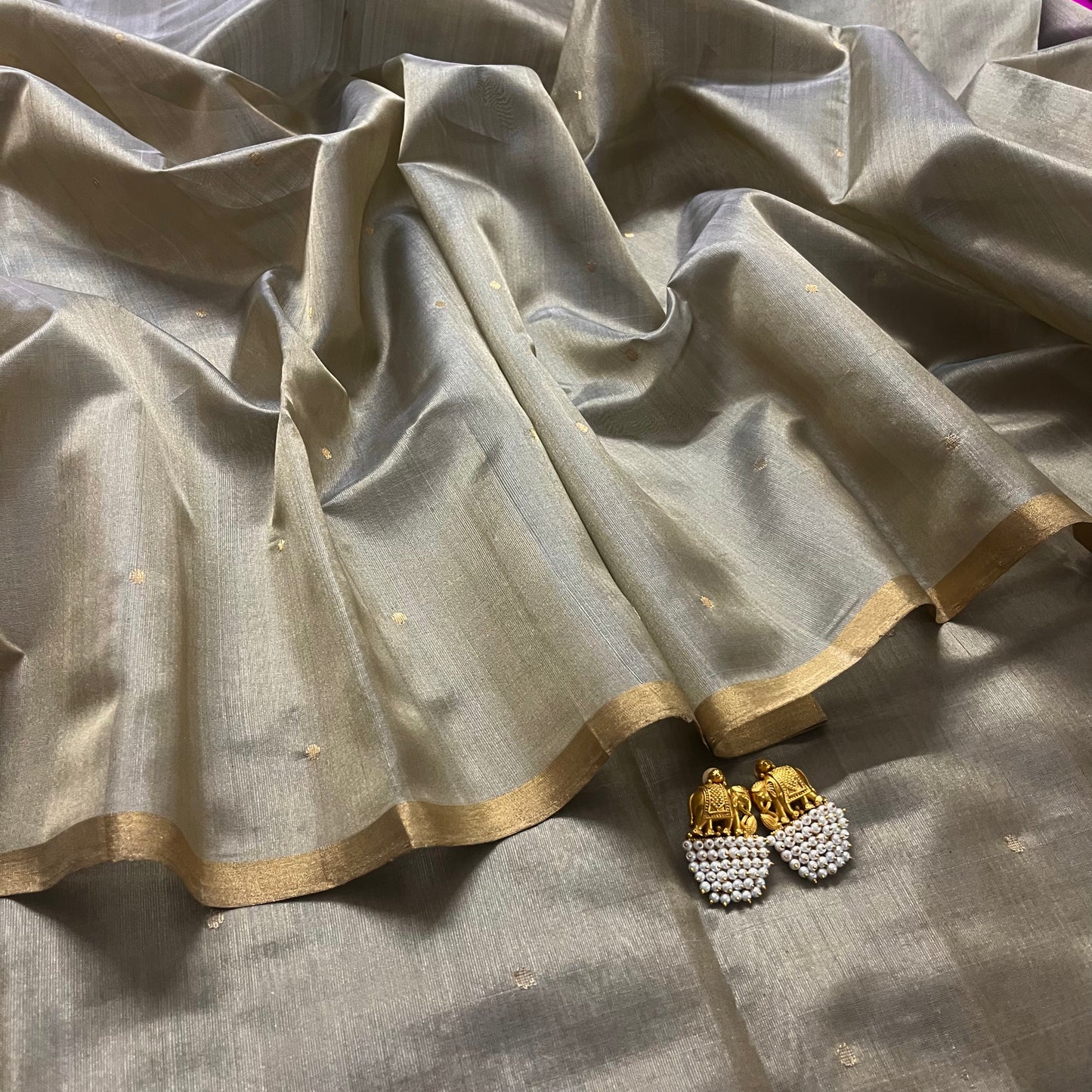 Antique gold chanderi silk saree with zari bootis all over