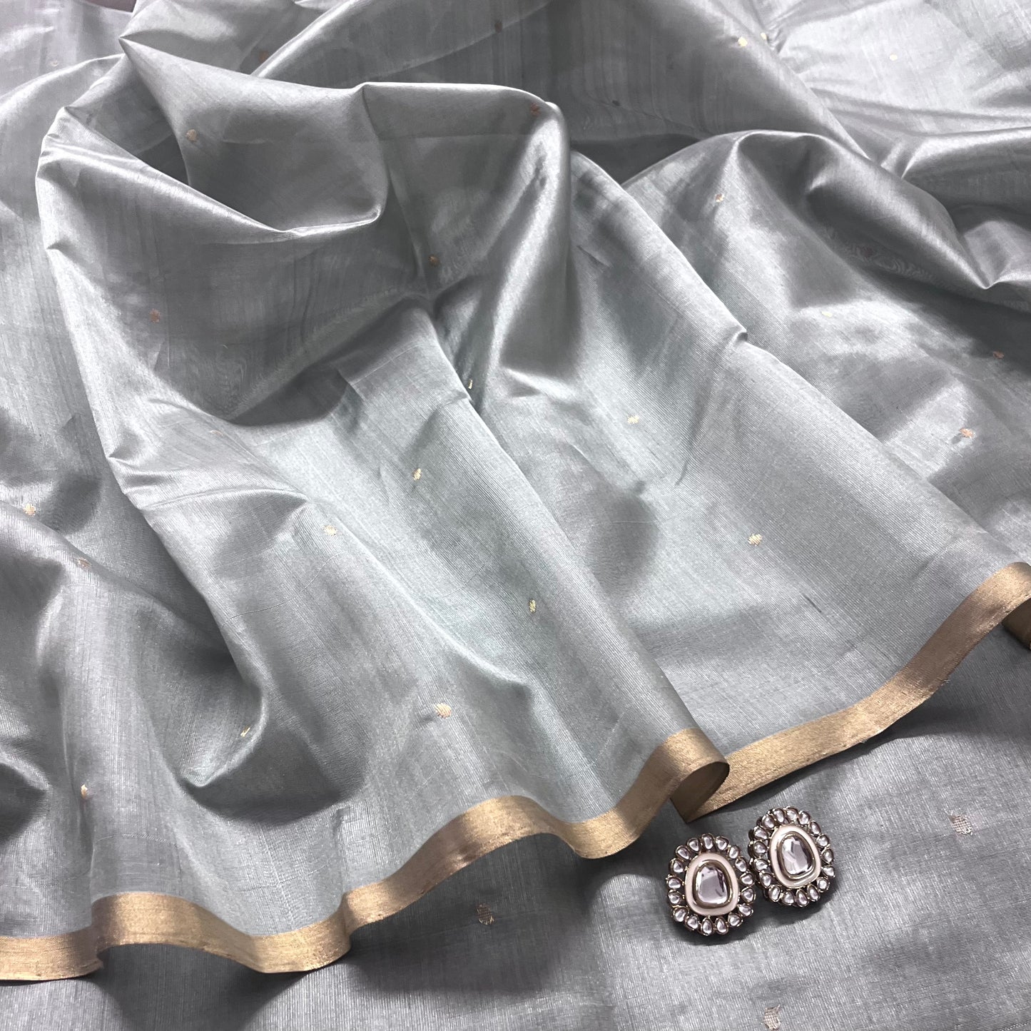 Grey gold chanderi silk saree with zari bootis all over