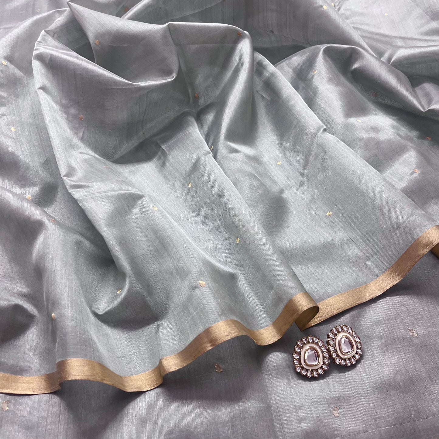 Grey gold chanderi silk saree with zari bootis all over