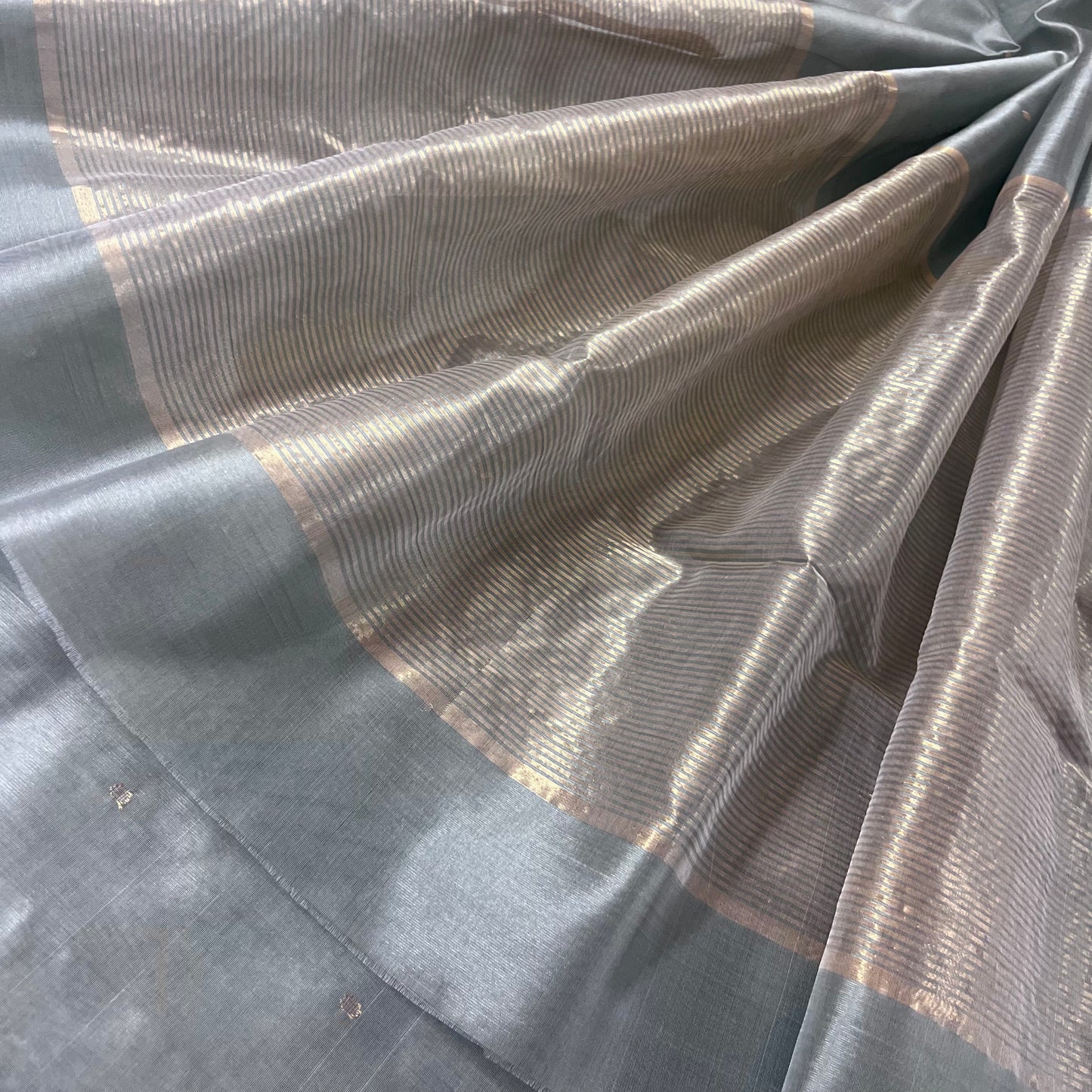 Grey gold chanderi silk saree with zari bootis all over