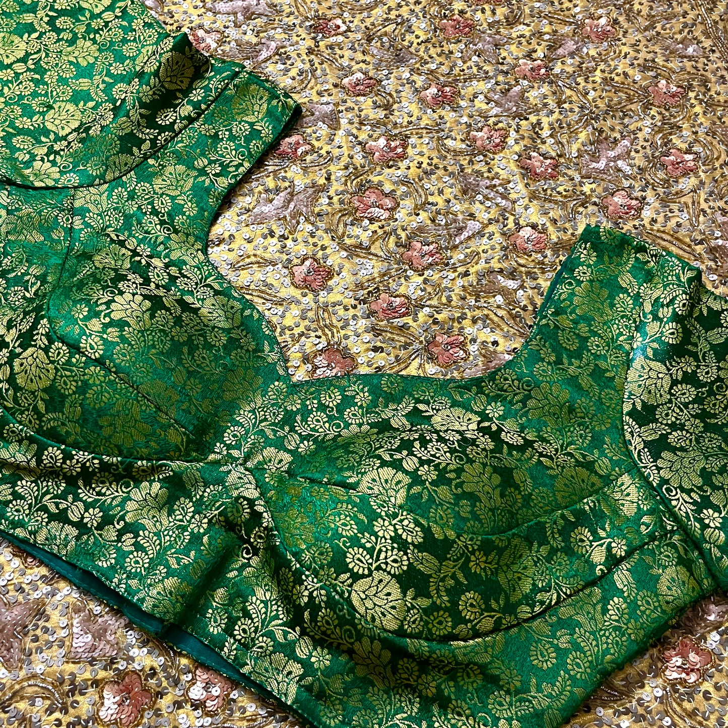 Green stitched padded brocade silk blouse