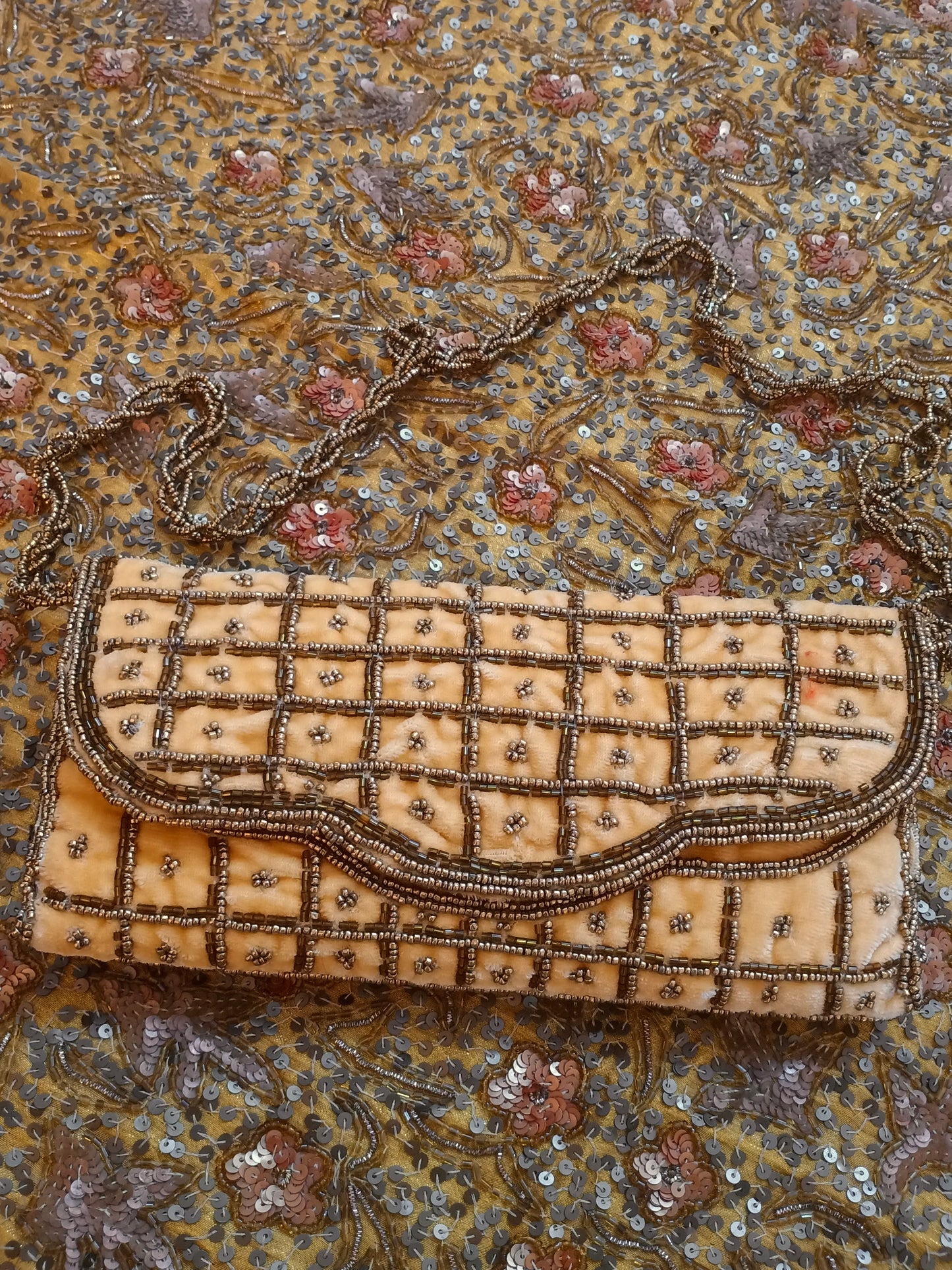 Beige embellished velvet purse