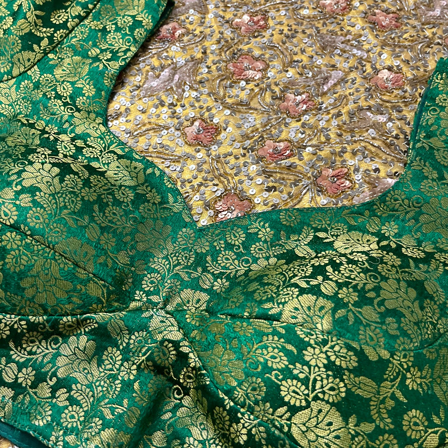 Green stitched padded brocade silk blouse