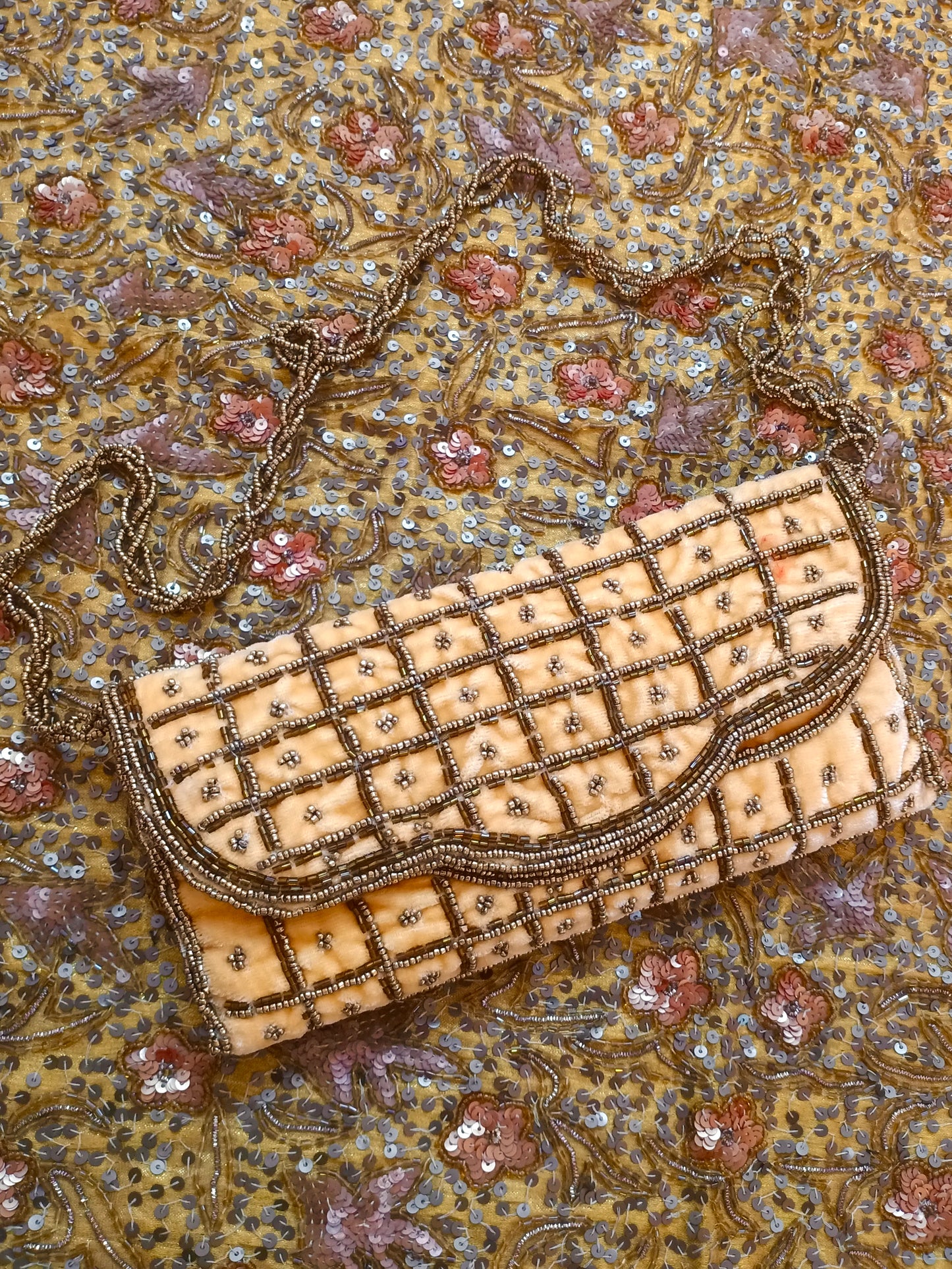 Beige embellished velvet purse