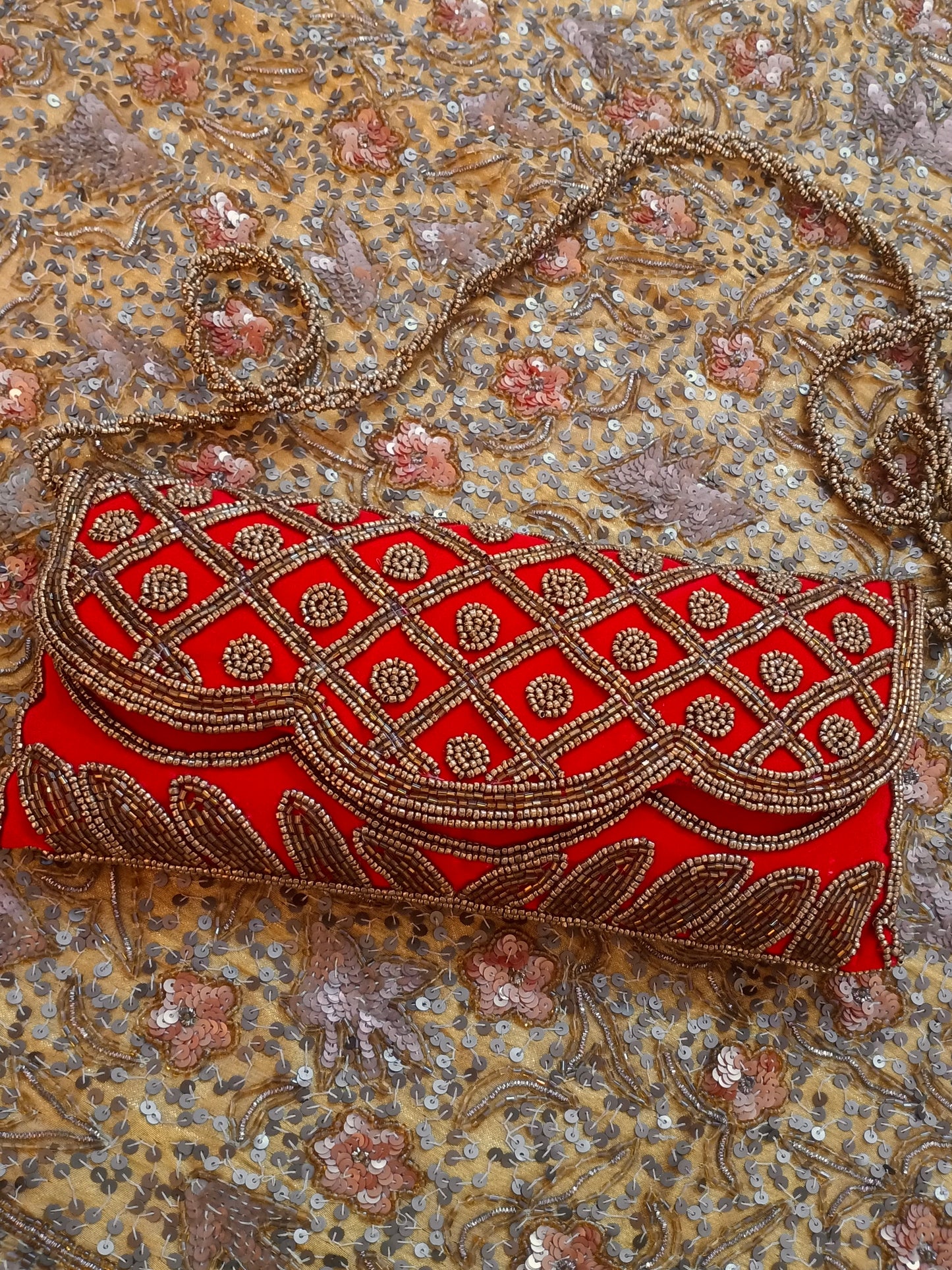 Red embellished velvet purse