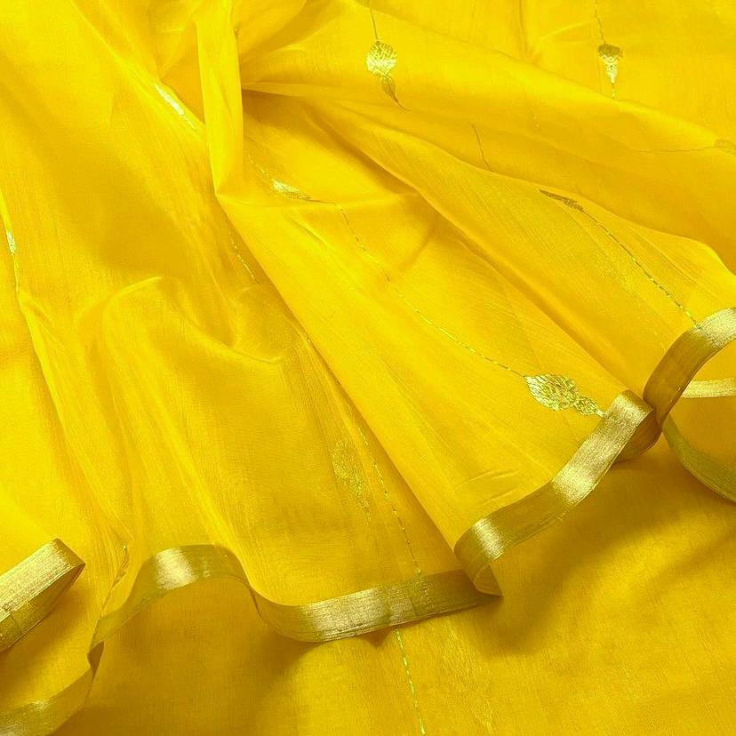 Yellow chanderi organza silk saree with jhumka motifs all over