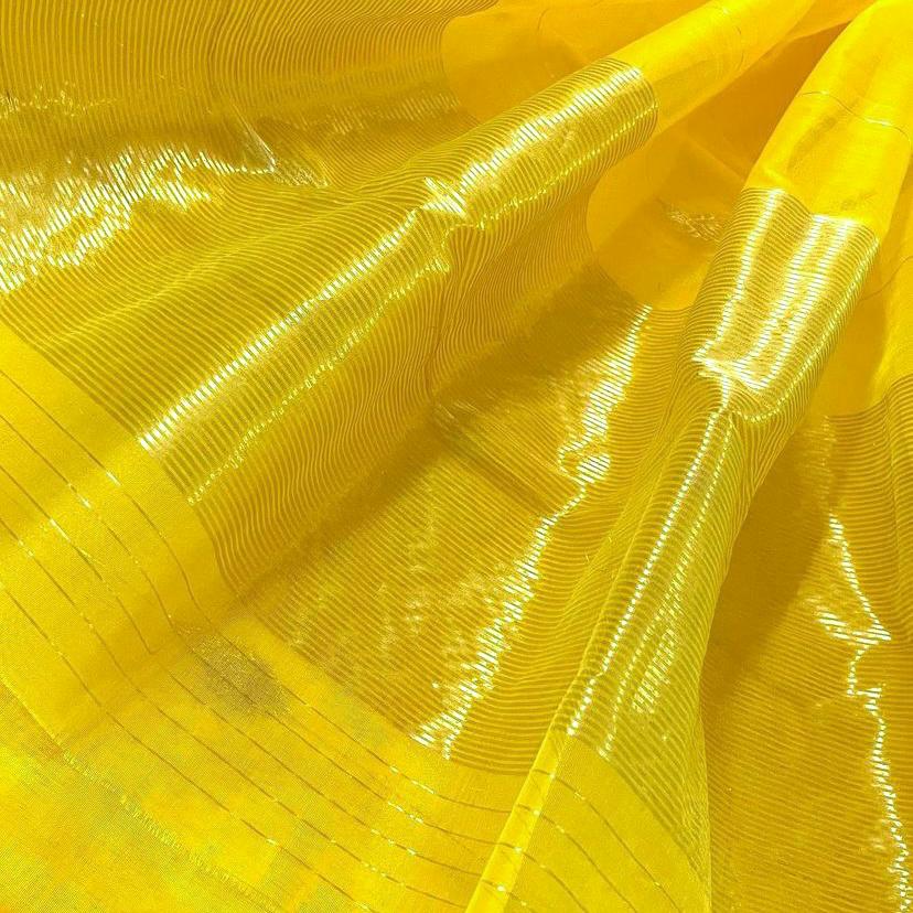 Yellow chanderi organza silk saree with jhumka motifs all over