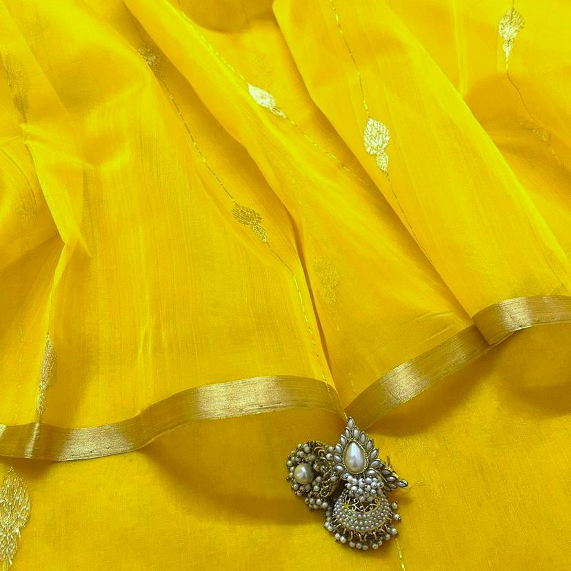 Yellow chanderi organza silk saree with jhumka motifs all over