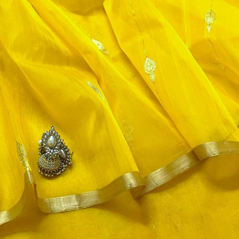 Yellow chanderi organza silk saree with jhumka motifs all over