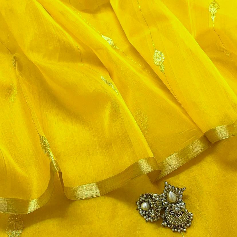 Yellow chanderi organza silk saree with jhumka motifs all over