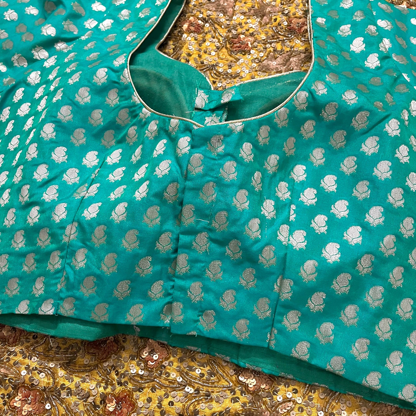 Tiffany blue/green stitched padded silk blouse