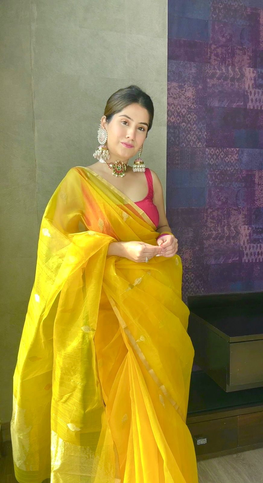 Yellow chanderi organza silk saree with jhumka motifs all over