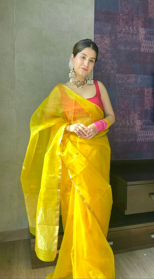 Yellow chanderi organza silk saree with jhumka motifs all over