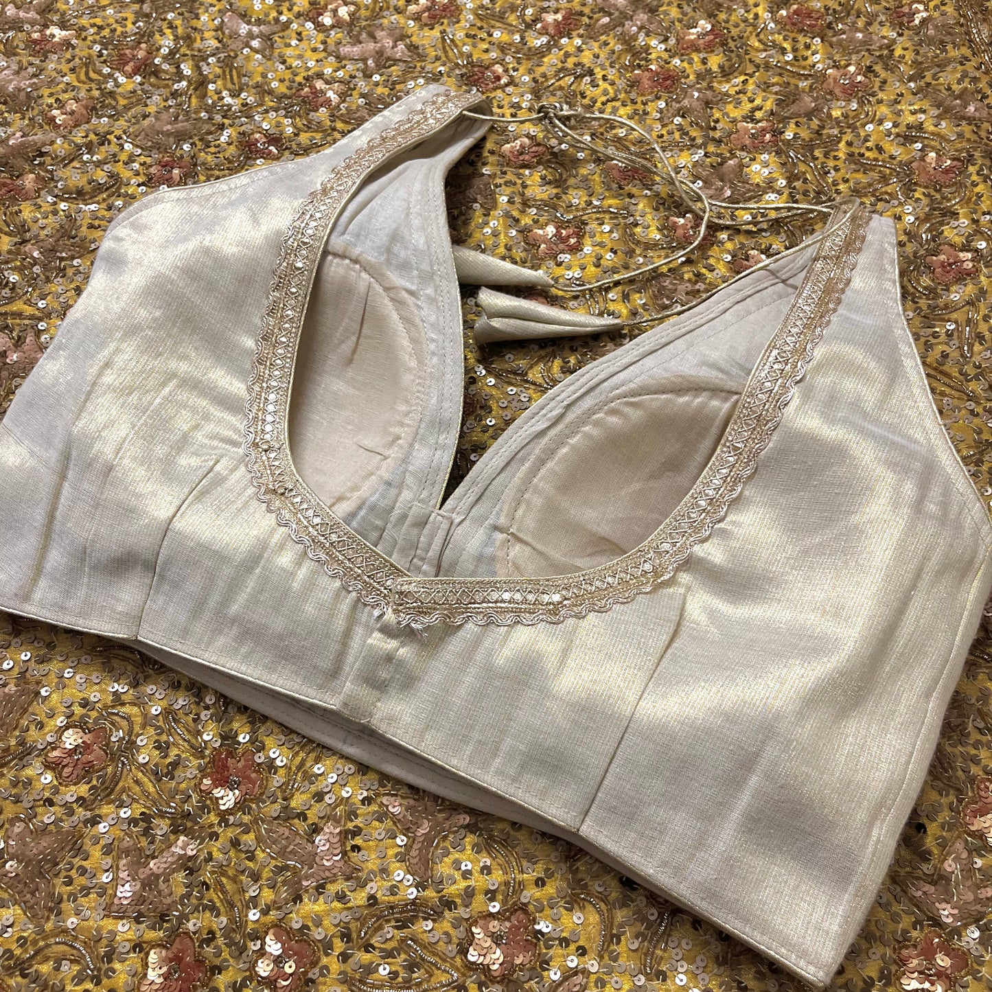 Champagne gold stitched padded silk blouse