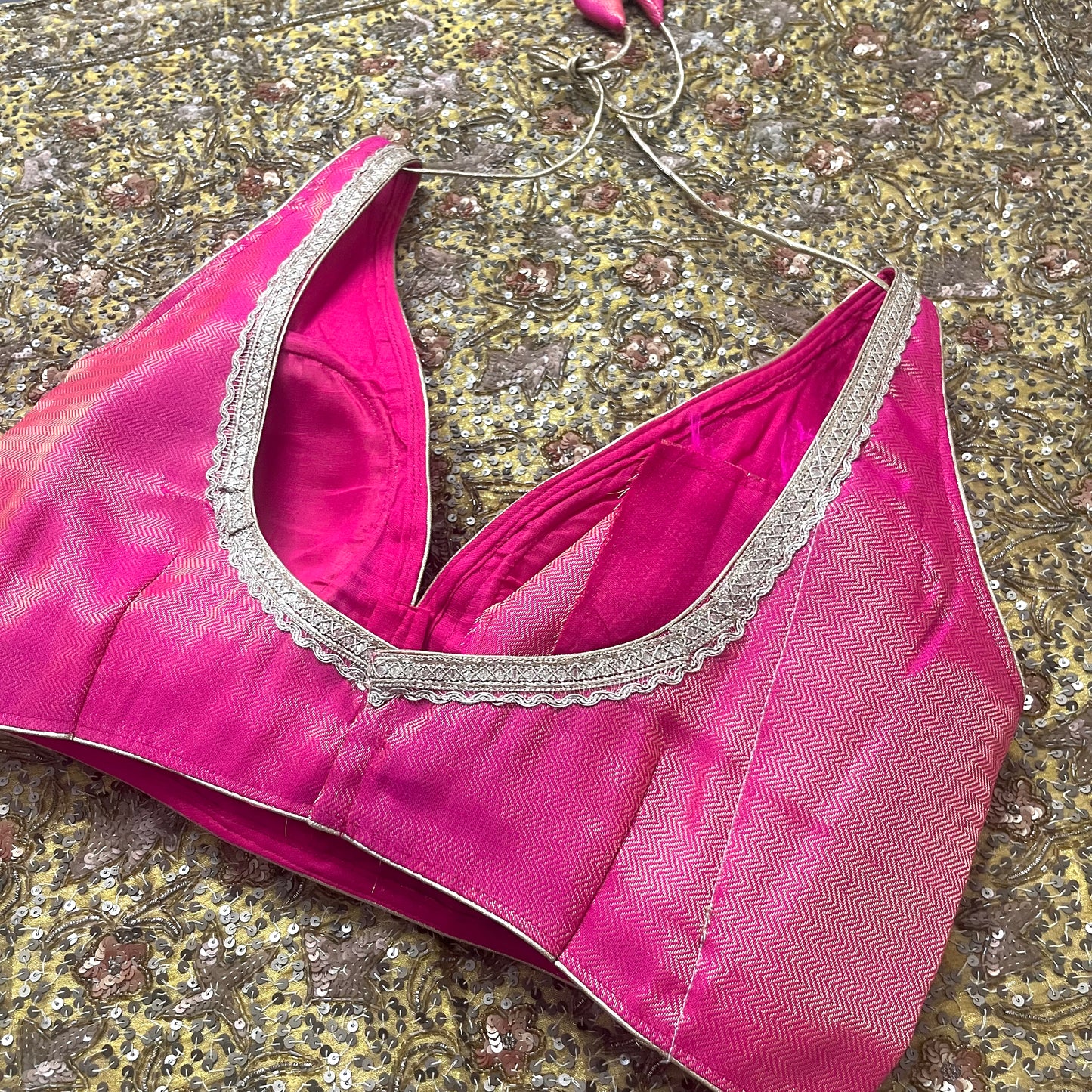 Pink brocade silk stitched padded blouse with border