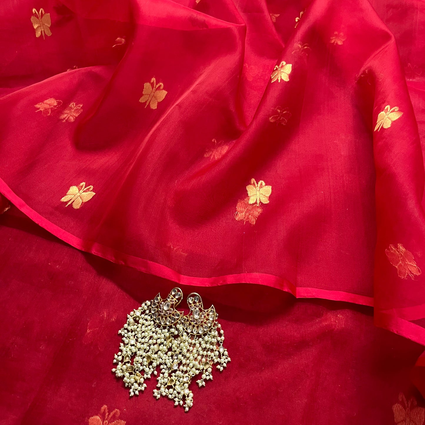 Red chanderi organza silk saree with butterfly motifs all over