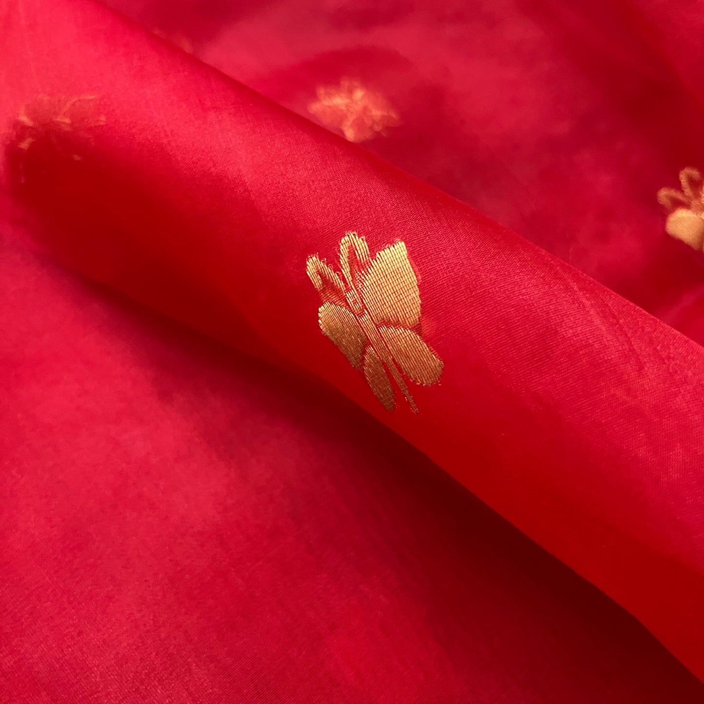 Red chanderi organza silk saree with butterfly motifs all over