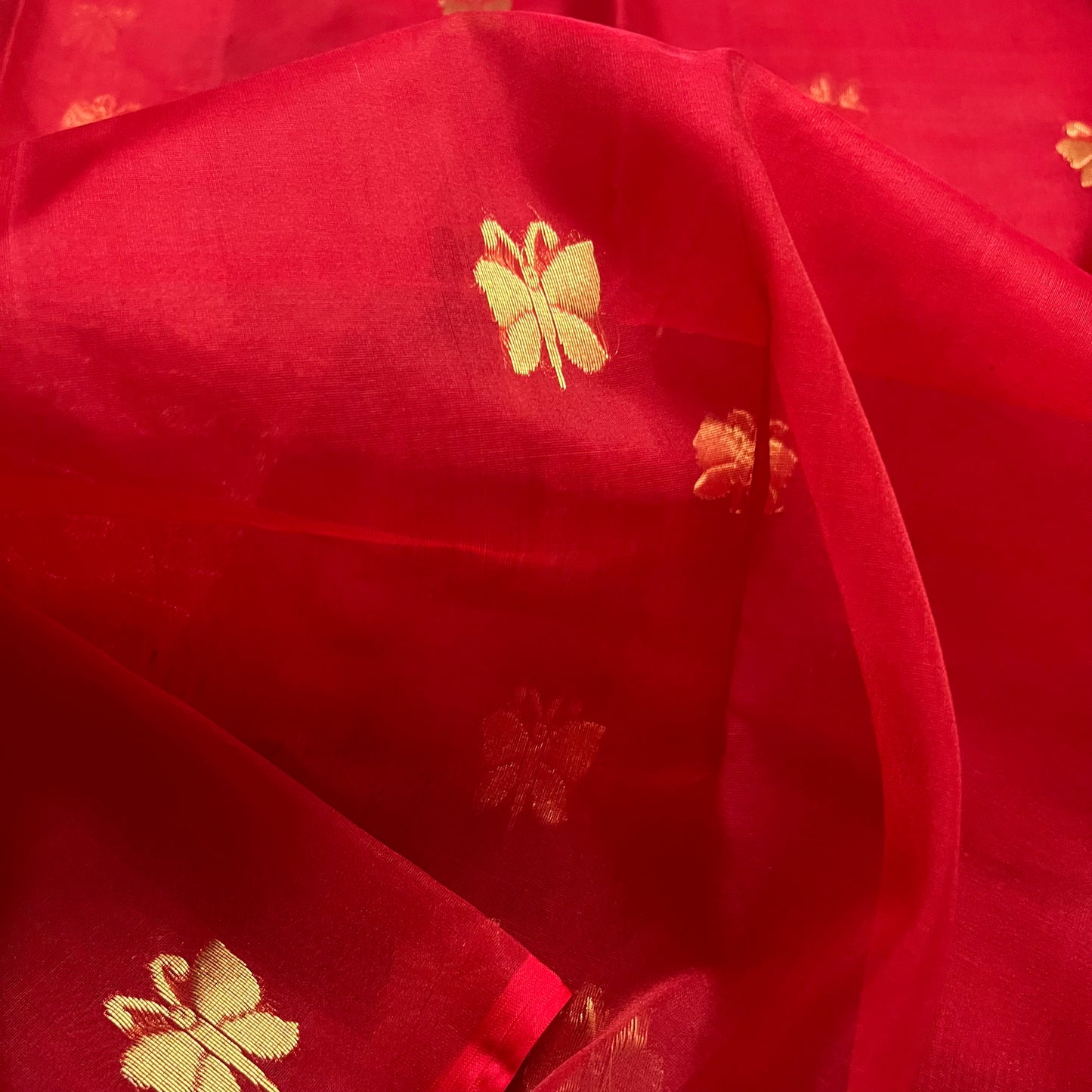 Red chanderi organza silk saree with butterfly motifs all over