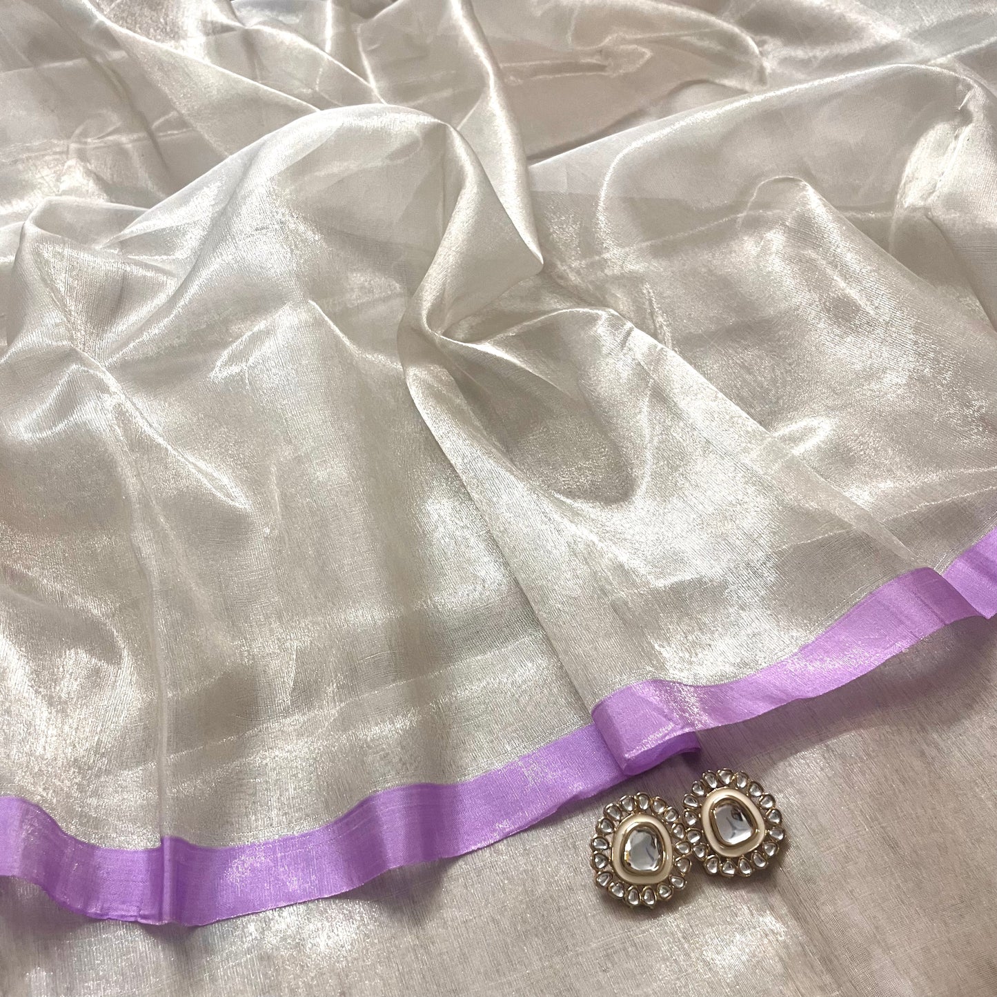 Silver white and lilac chanderi tissue silk saree