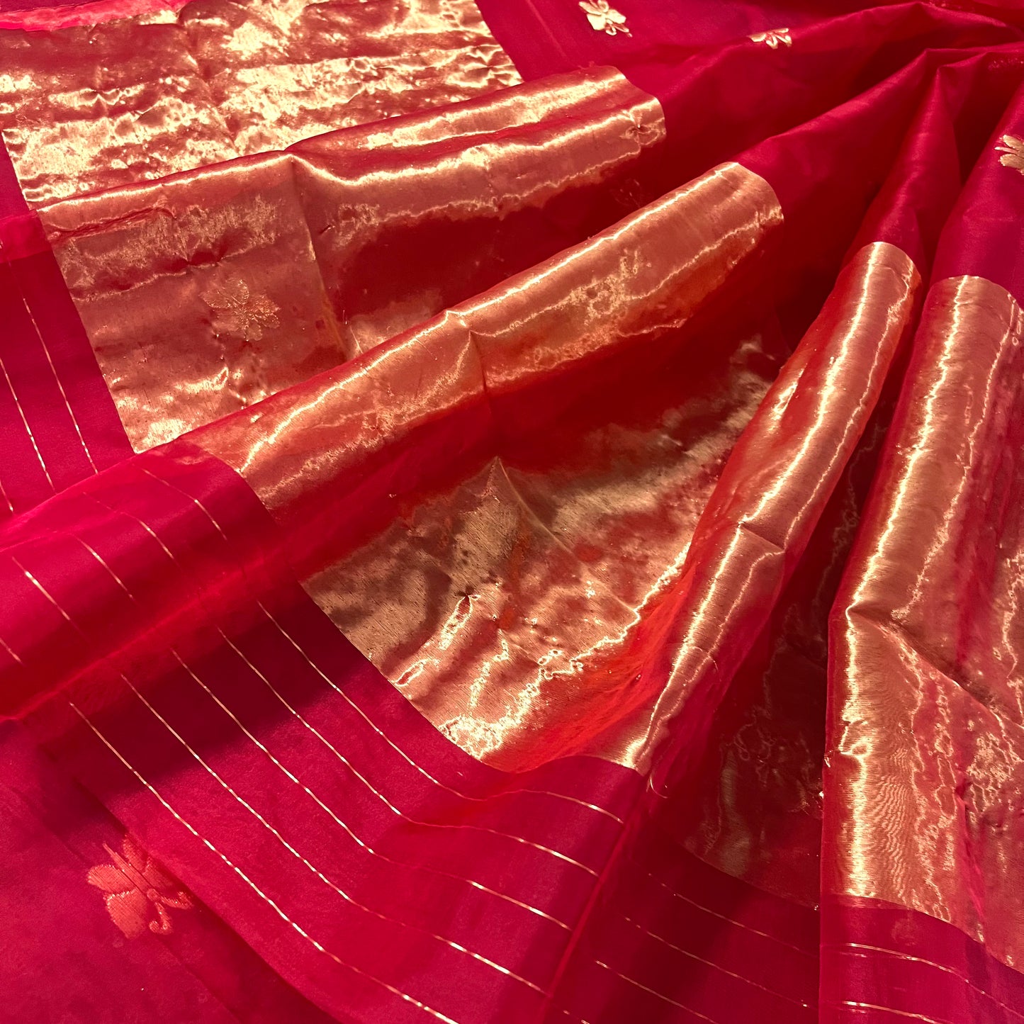 Red chanderi organza silk saree with butterfly motifs all over