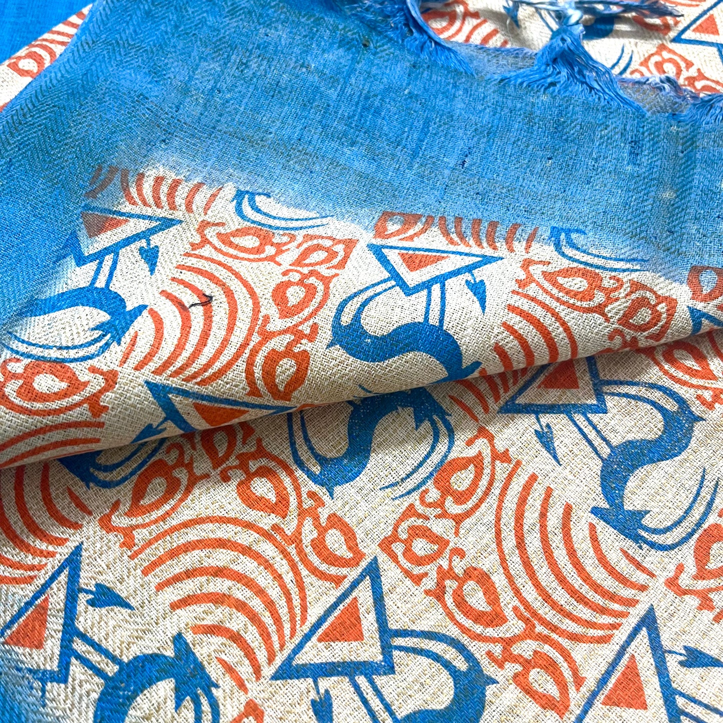 Cream orange and blue bhagalpuri print suit