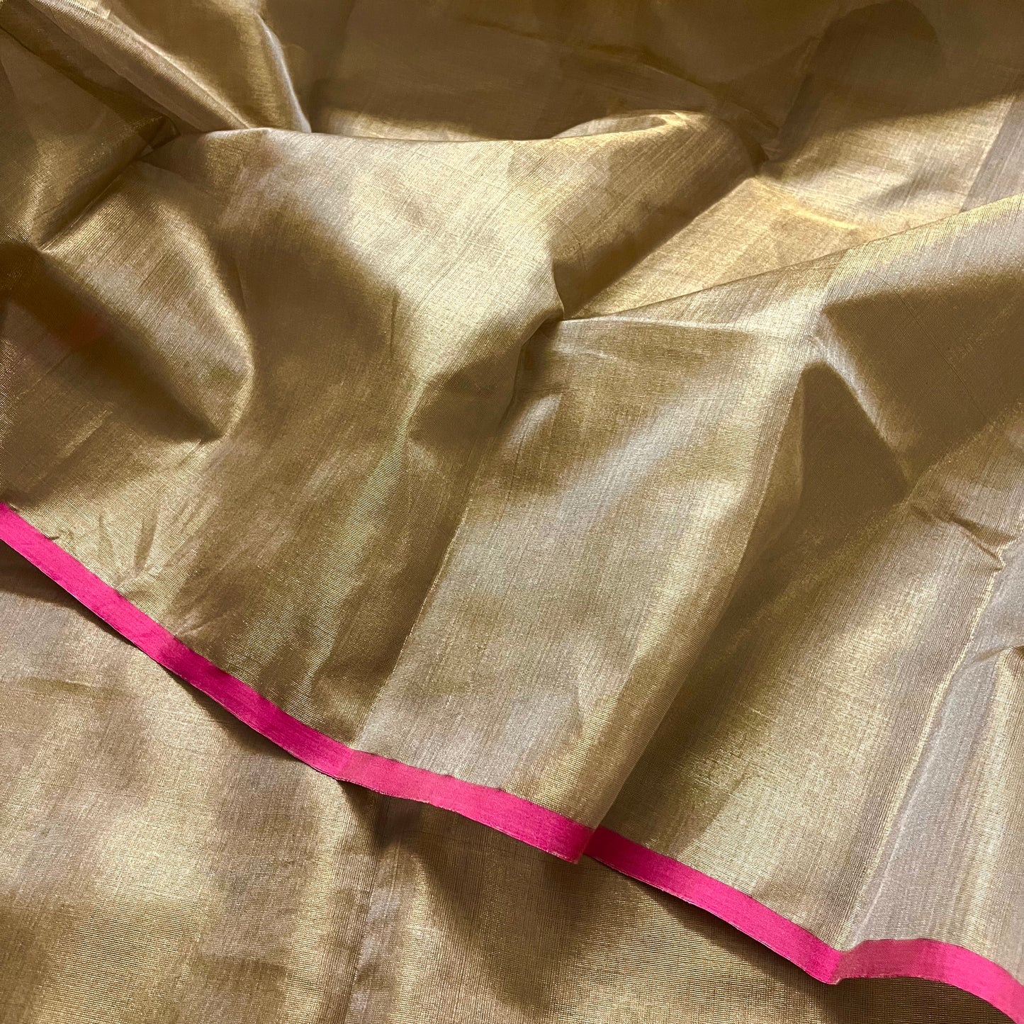 Antique gold & pink maheshwari tissue silk saree with zari lines on pallu