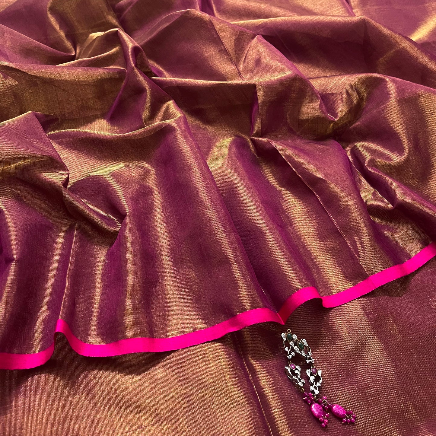 Wine & pink maheshwari tissue silk saree with zari lines on pallu