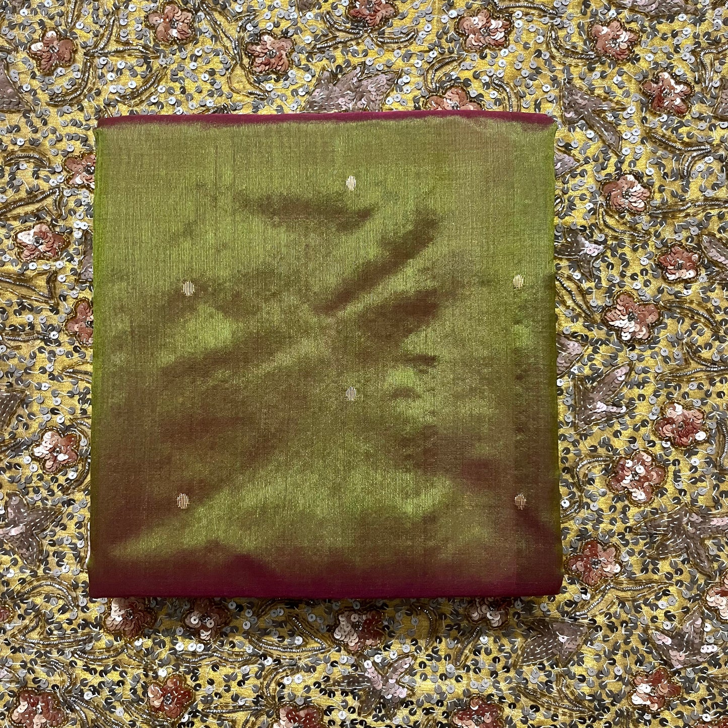 Olive green and maroon dual tone chanderi silk saree with zari bootis all over