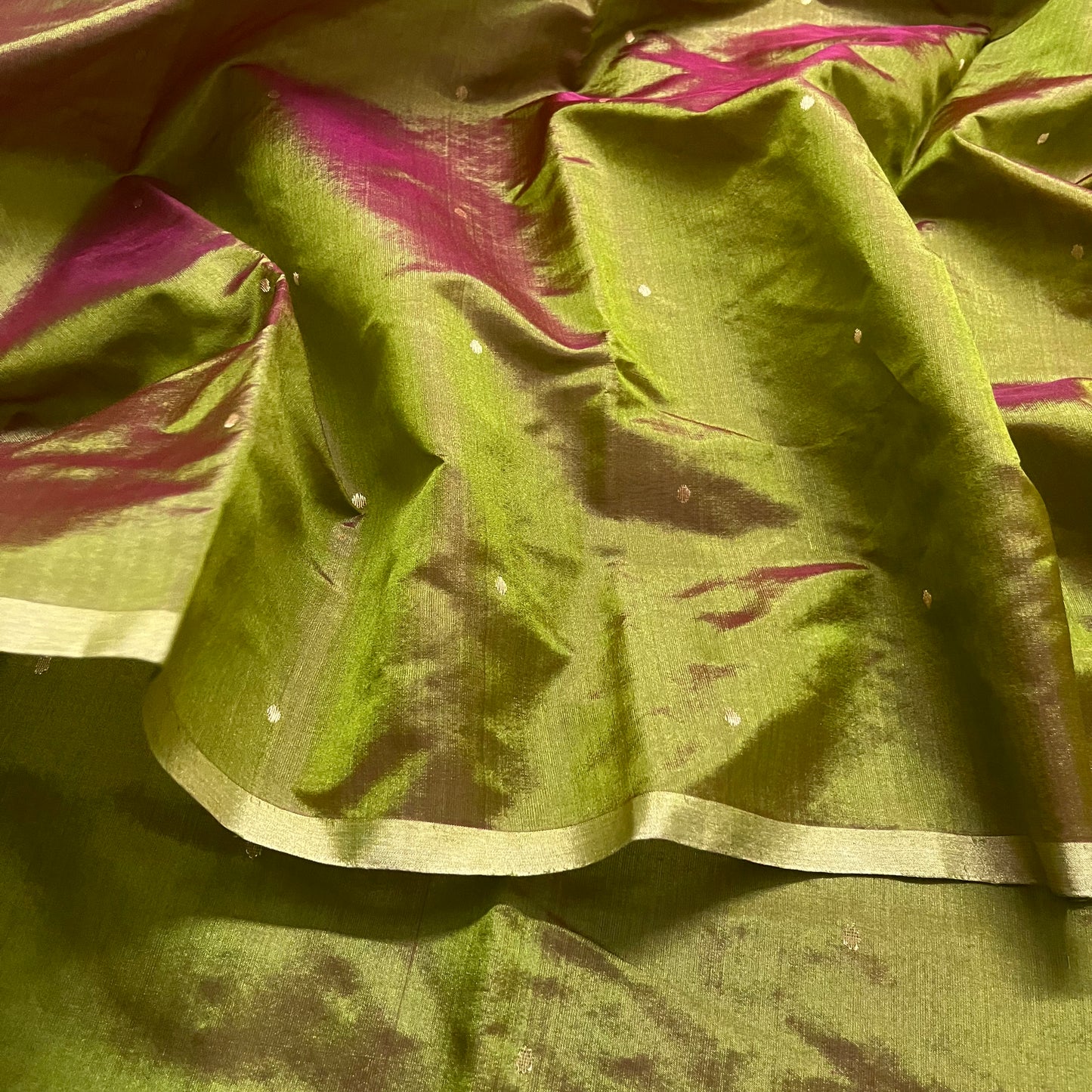 Olive green and maroon dual tone chanderi silk saree with zari bootis all over