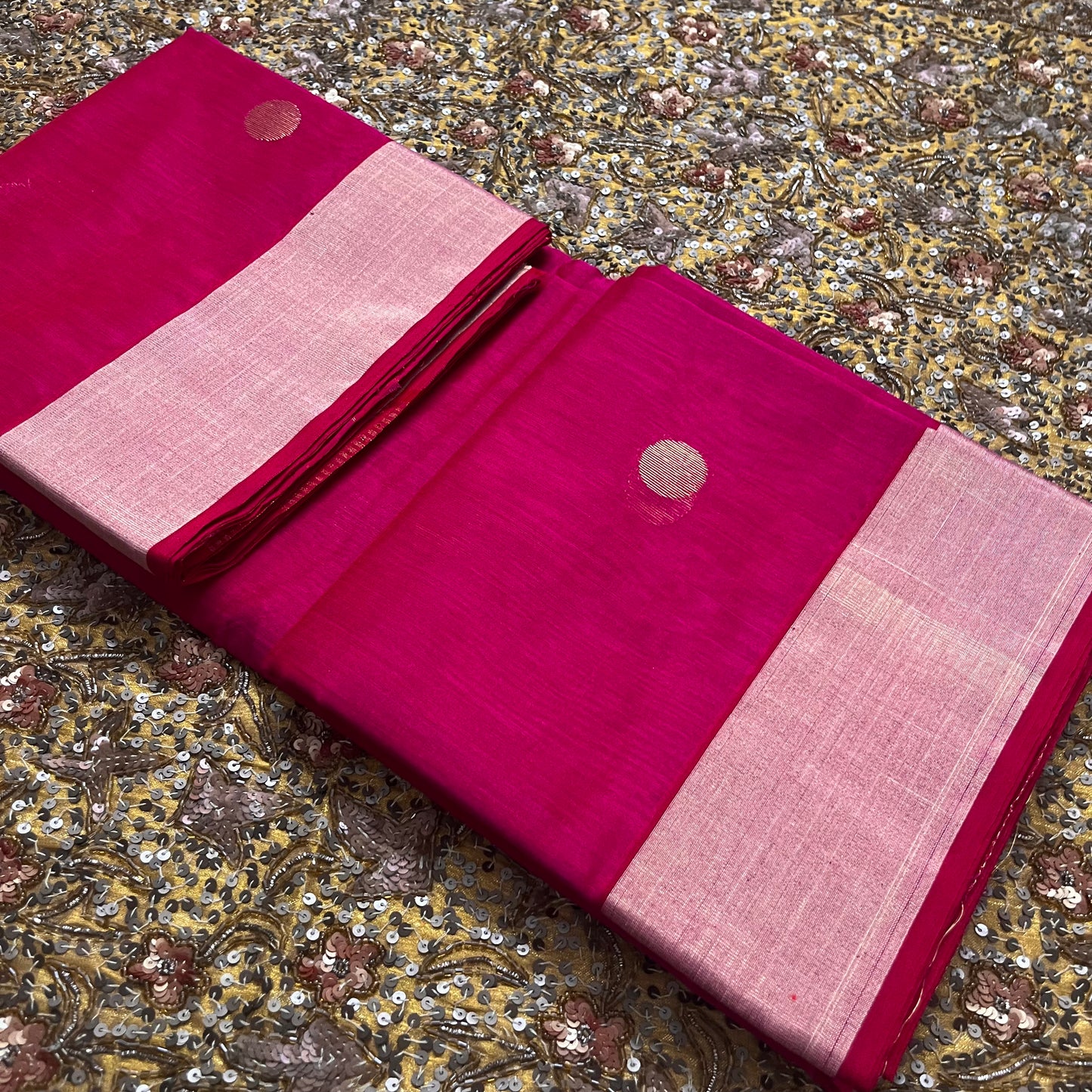 Rani pink chanderi saree with zari bootis all over