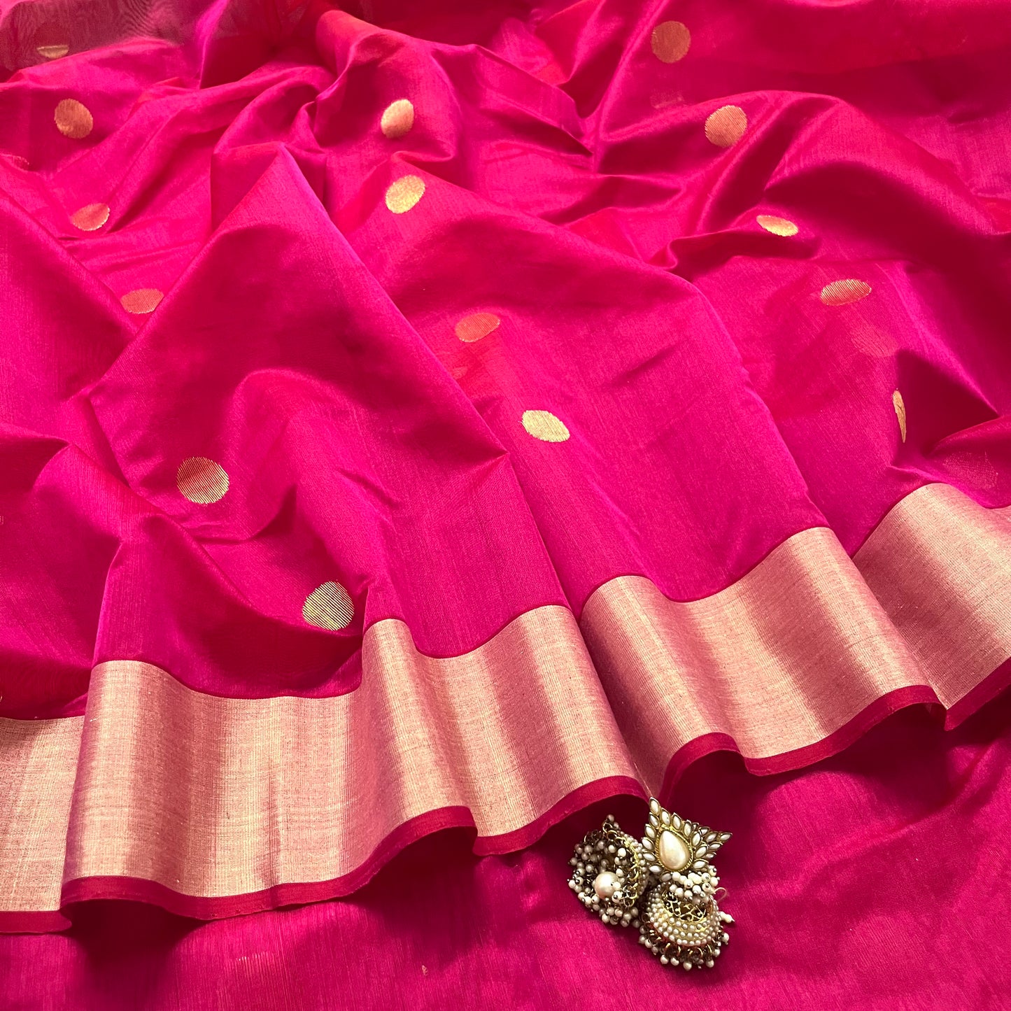 Rani pink chanderi saree with zari bootis all over