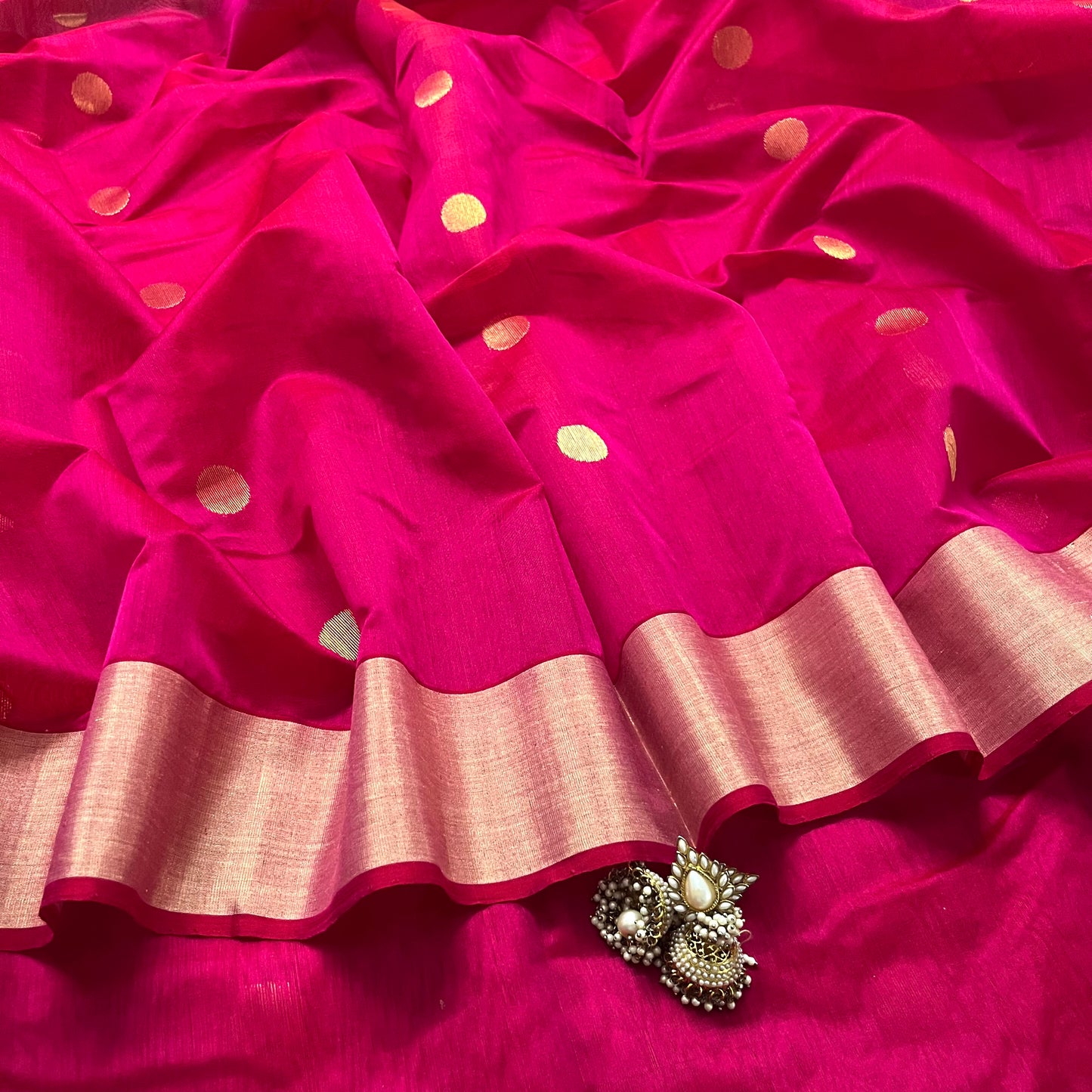 Rani pink chanderi saree with zari bootis all over