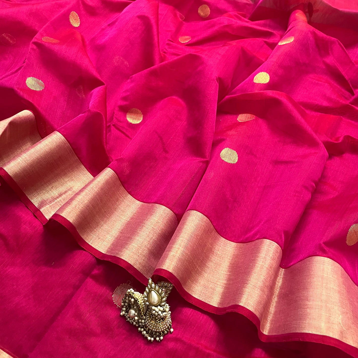 Rani pink chanderi saree with zari bootis all over