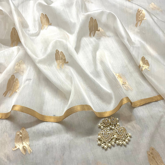 Off white and gold chanderi organza silk saree with bird motifs all over