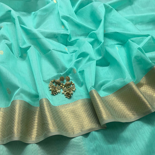 Tiffany green and beige maheshwari saree with flower motifs on pallu