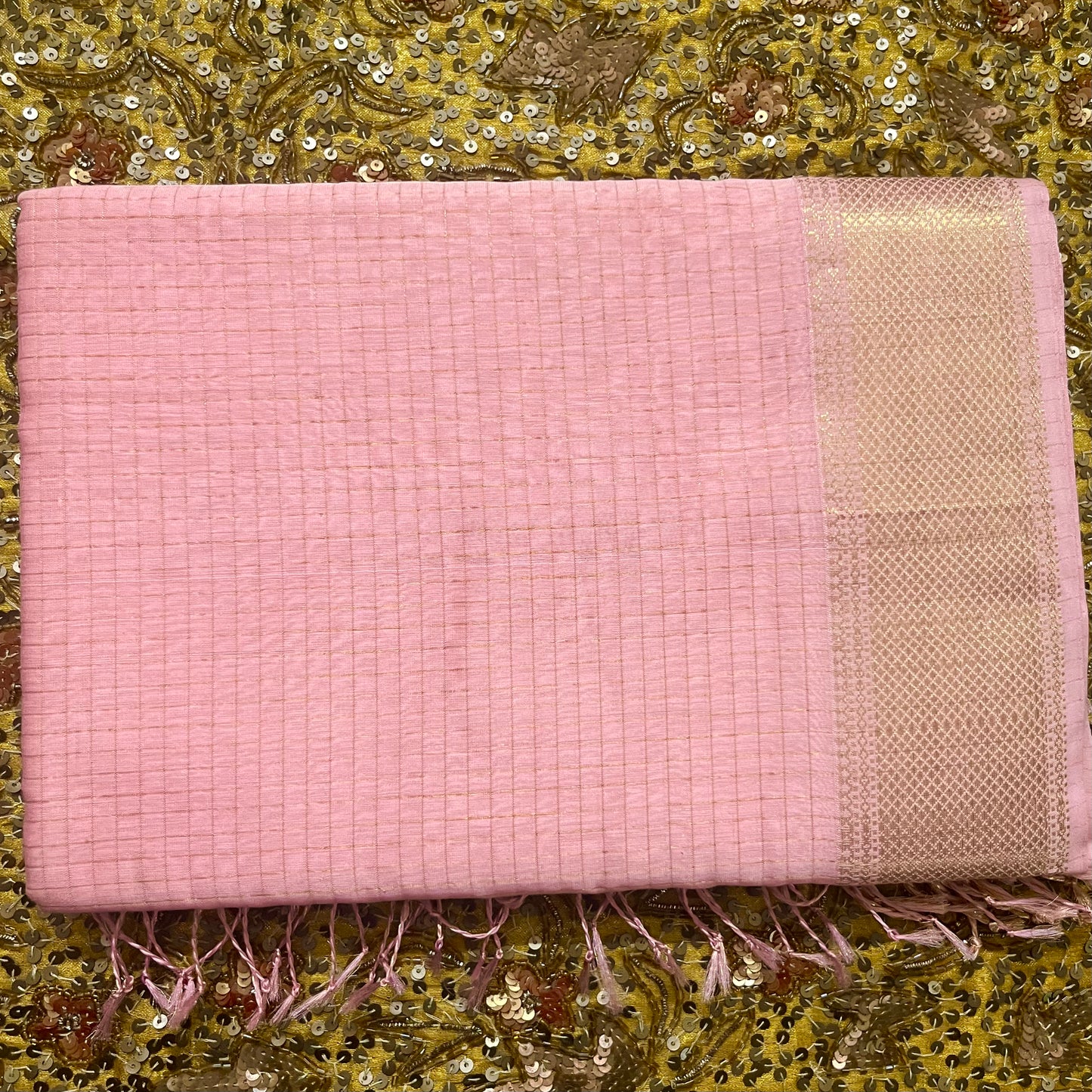 Pink maheshwari saree with zari checks all over