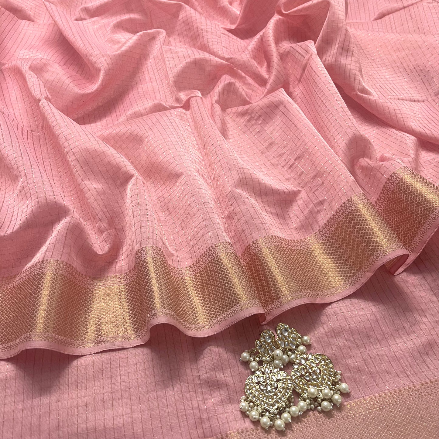 Pink maheshwari saree with zari checks all over