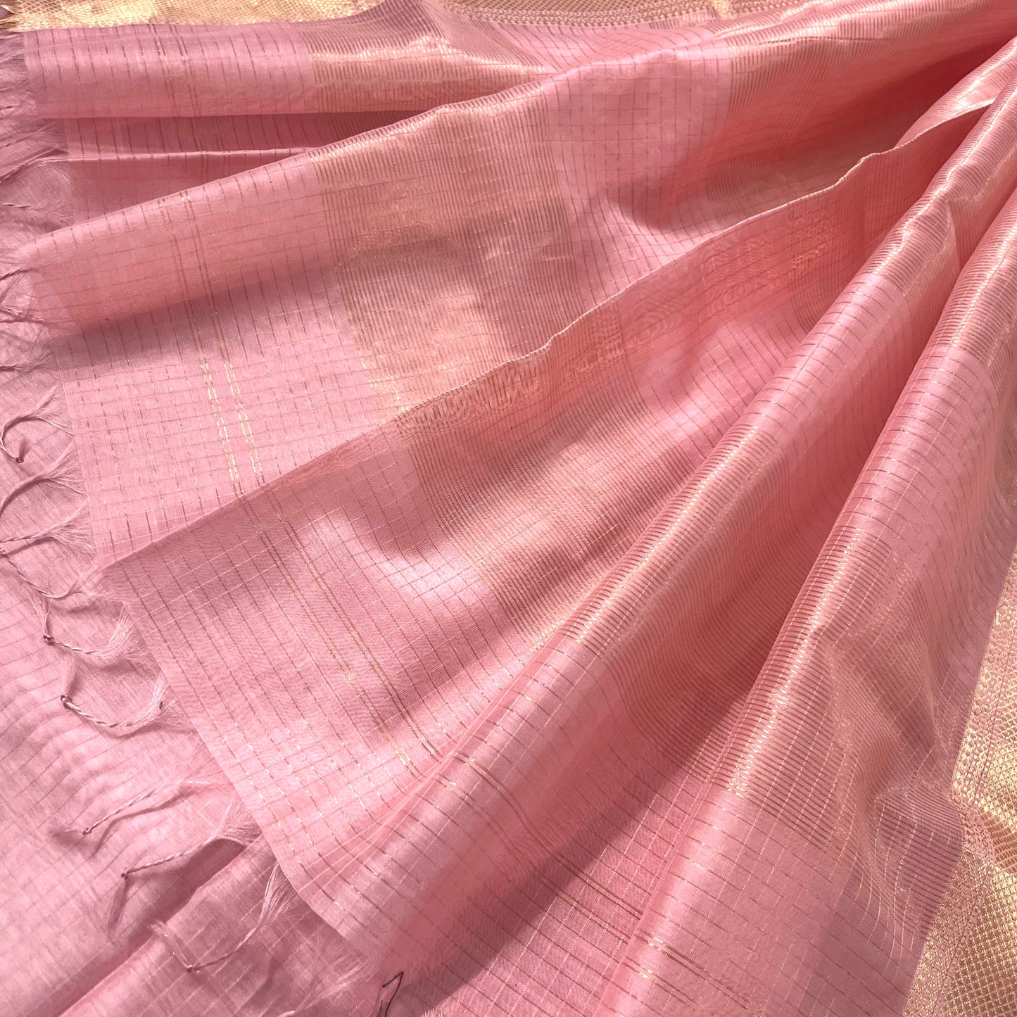 Pink maheshwari saree with zari checks all over