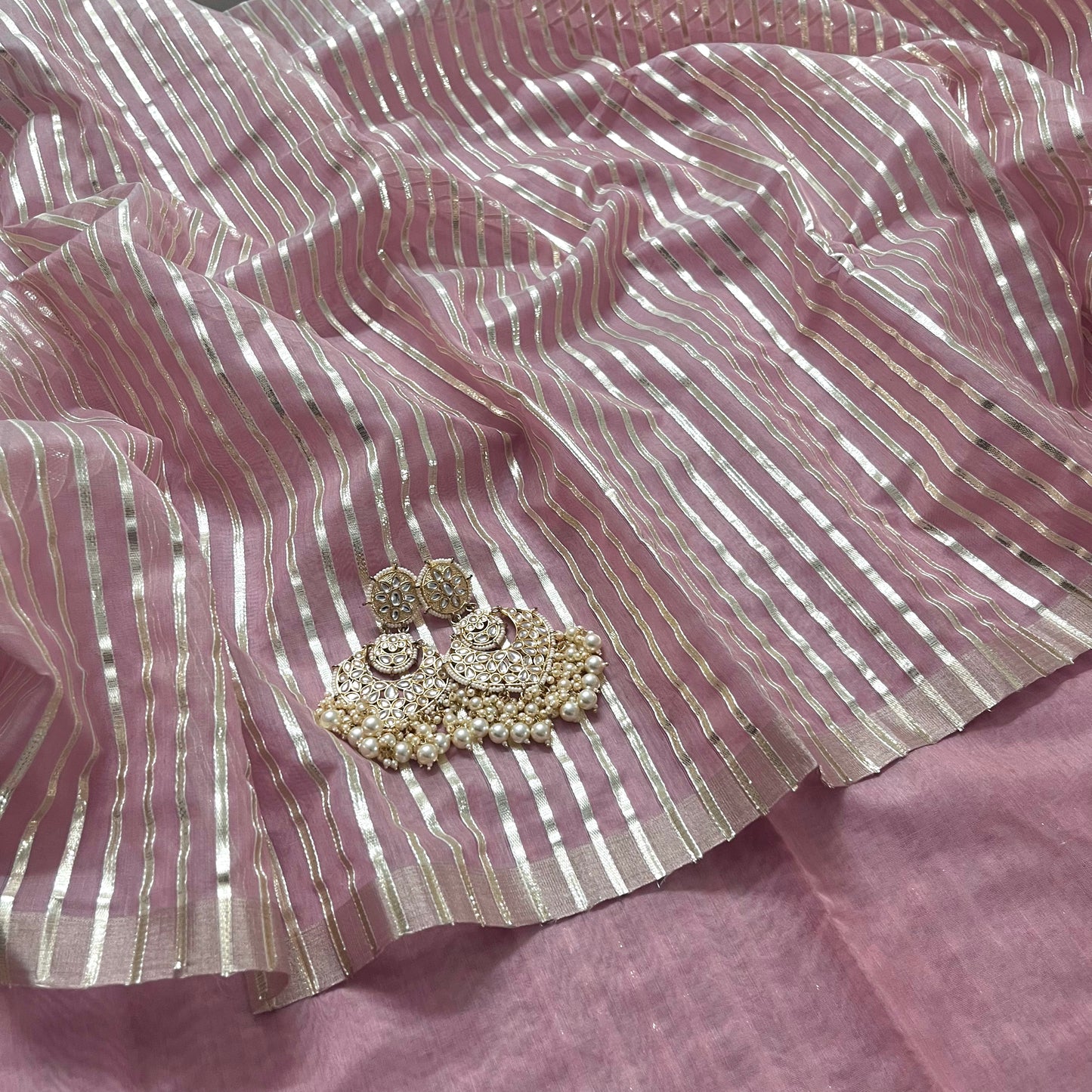 Pastel pink chanderi saree with gota work all over