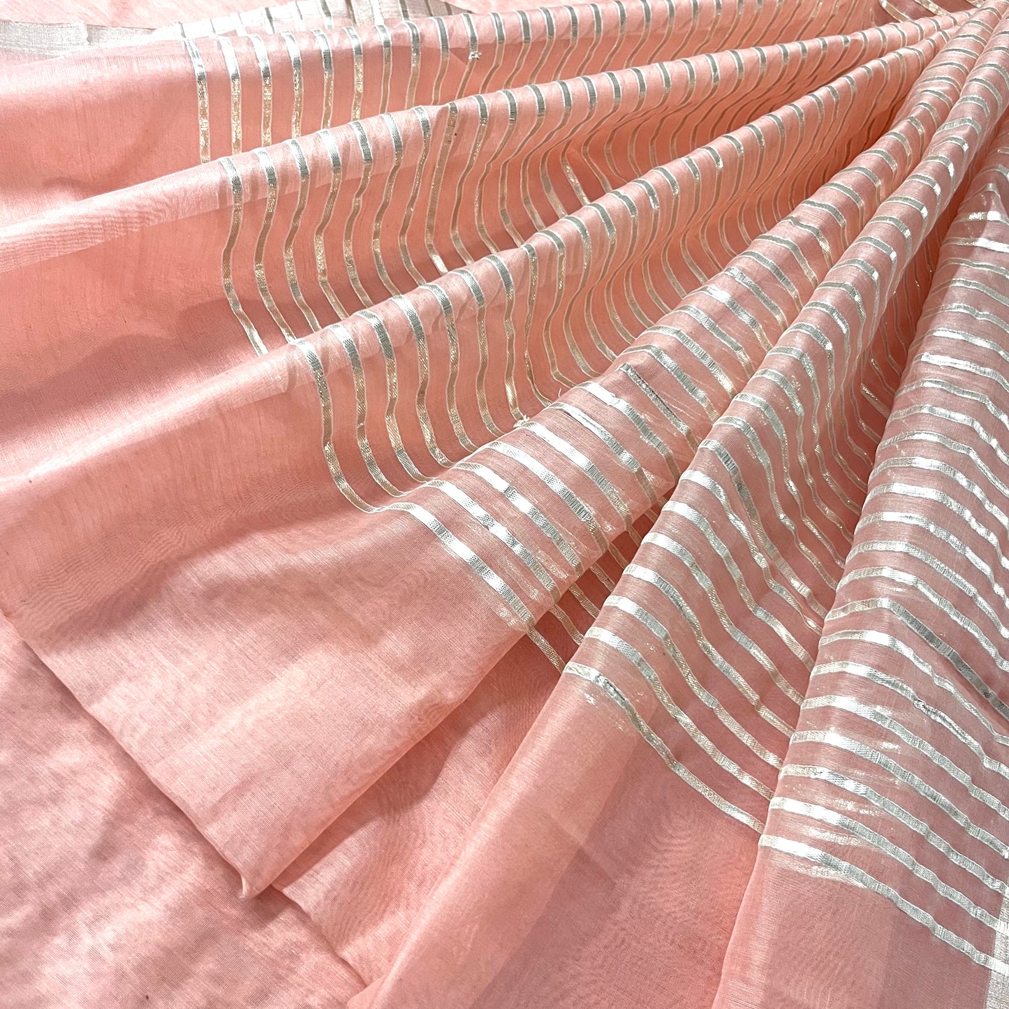 Pastel peach chanderi saree with gota work all over