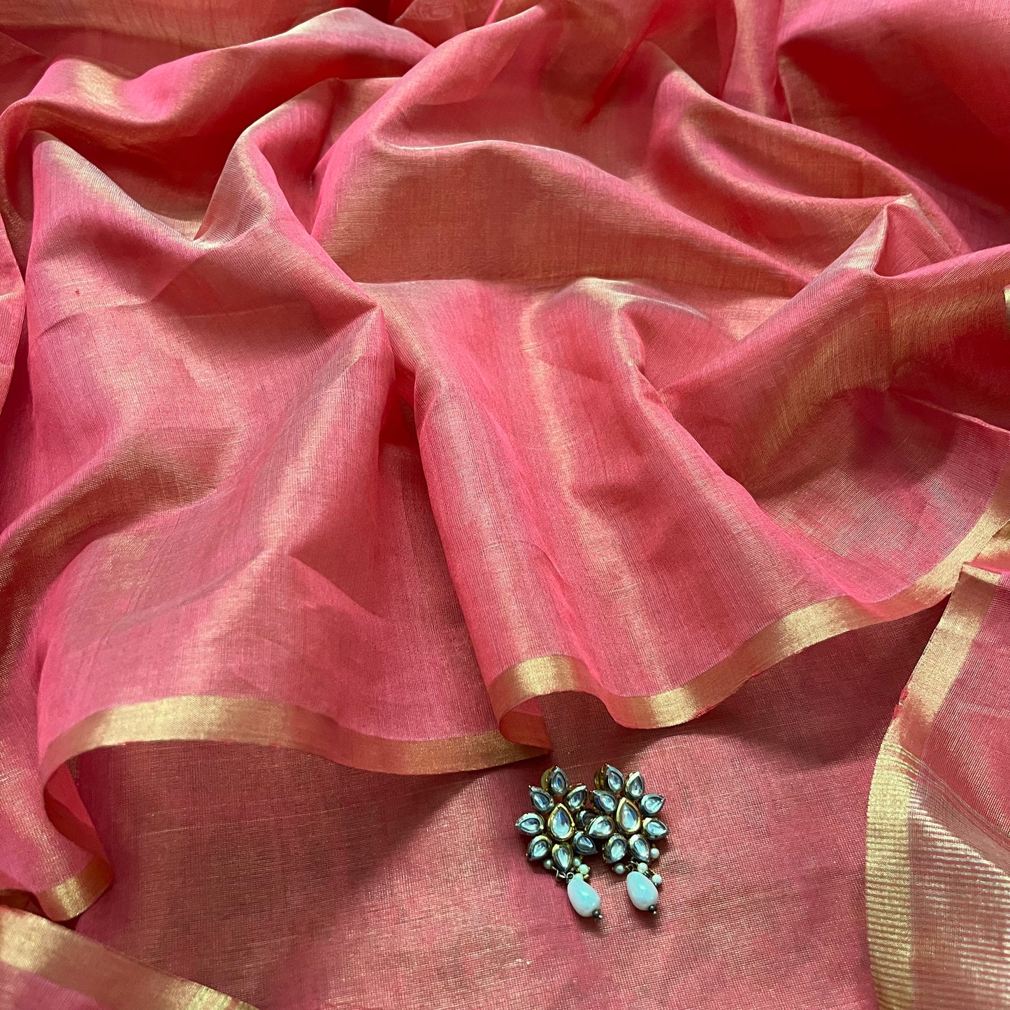 Peachish pink maheshwari tissue silk suit