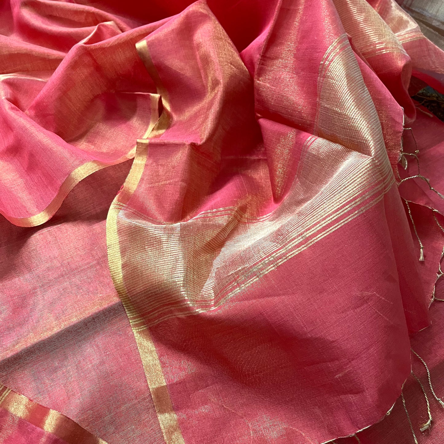 Peachish pink maheshwari tissue silk suit