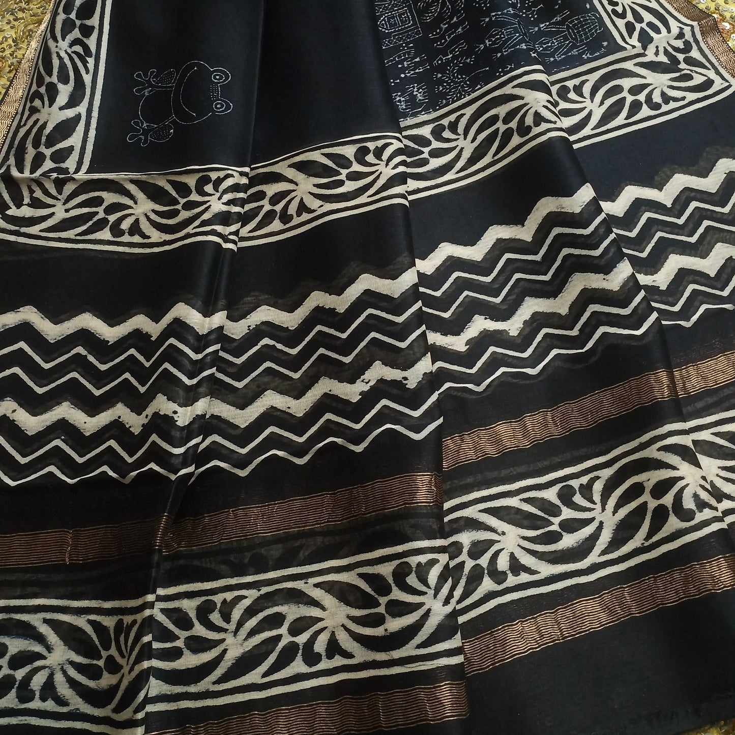 Black maheshwari dupatta with block print all over