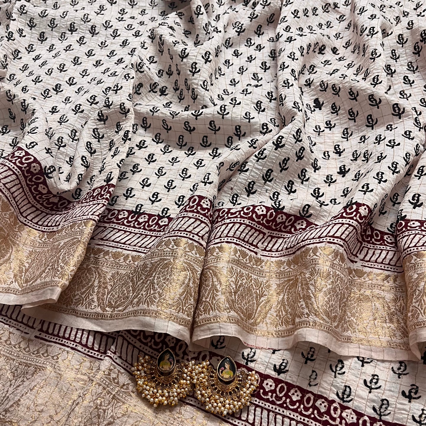 White and black bagh print banarasi saree with zari border