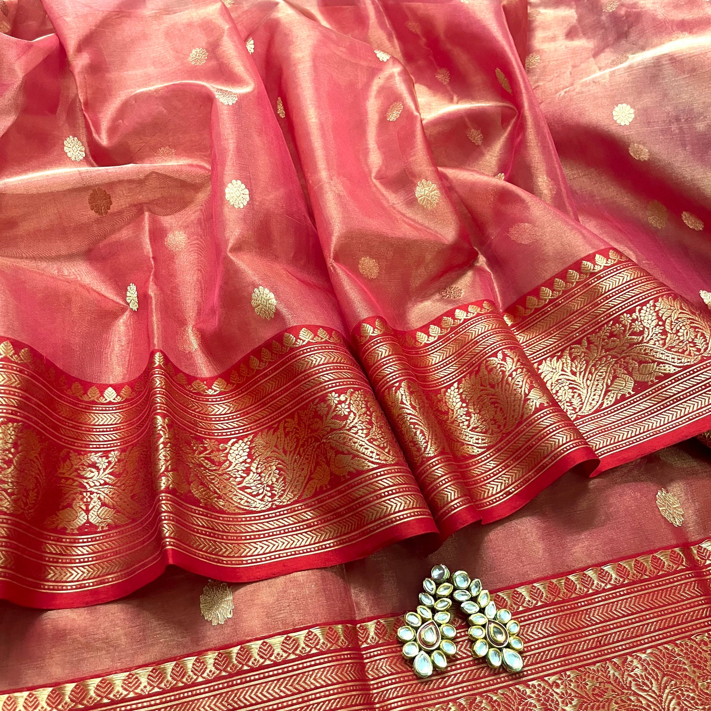 Red and gold chanderi katan silk saree with zari bootis all over