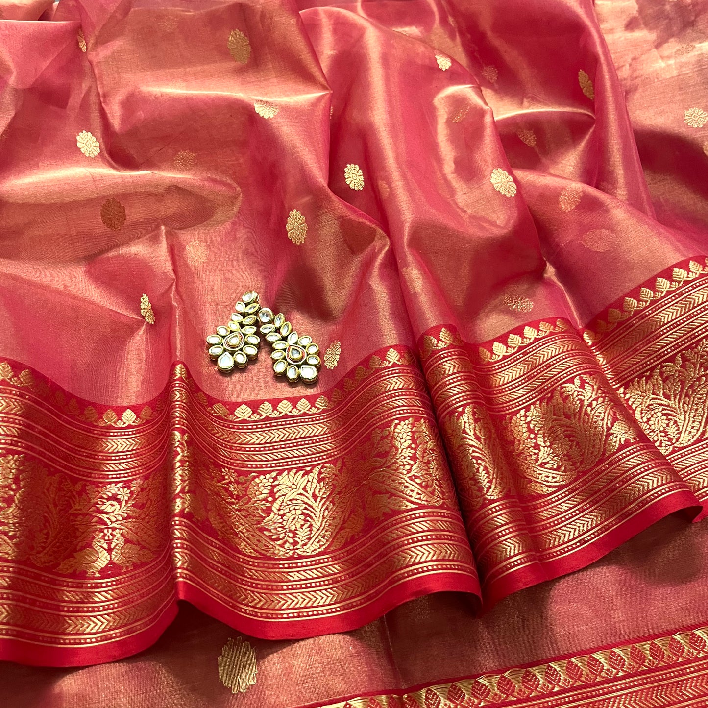 Red and gold chanderi katan silk saree with zari bootis all over